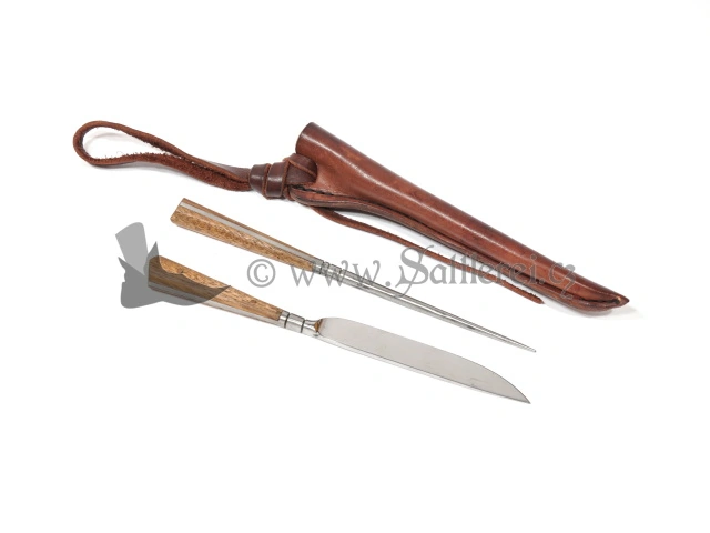 Hand-hammered knife and fork  with leather sheath