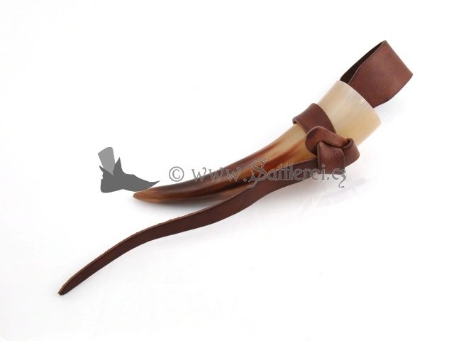 Leather holder with a drink horn.  